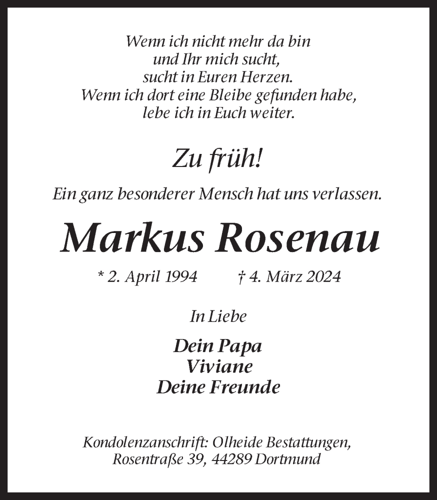  Traueranzeige für Markus Rosenau vom 09.03.2024 aus 