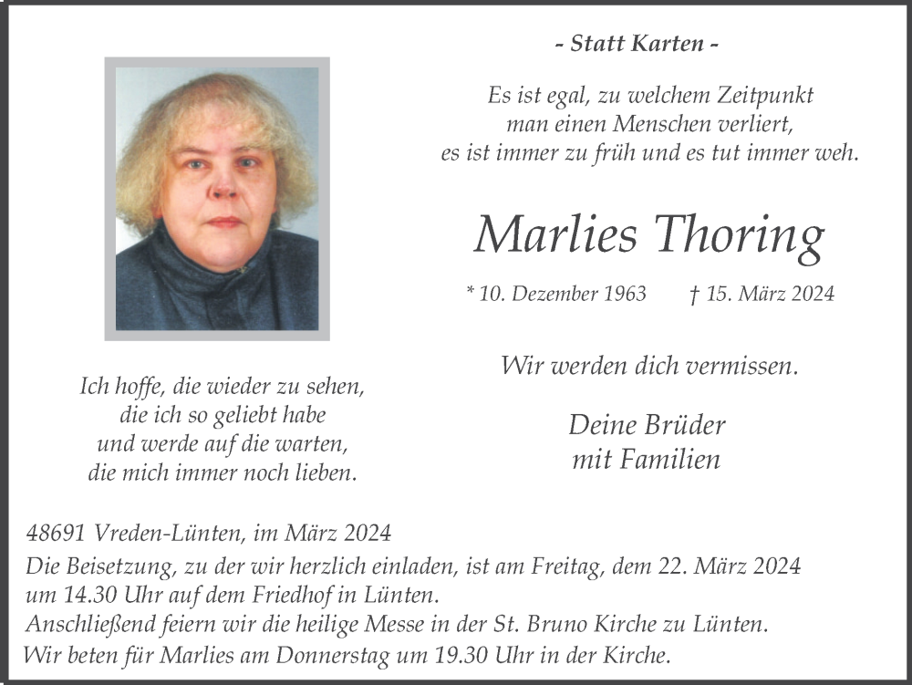  Traueranzeige für Marlies Thoring vom 18.03.2024 aus Münsterland Zeitung