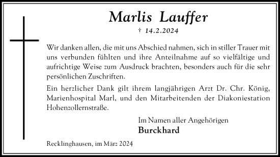 Traueranzeige von Marlis Lauffer von Medienhaus Bauer