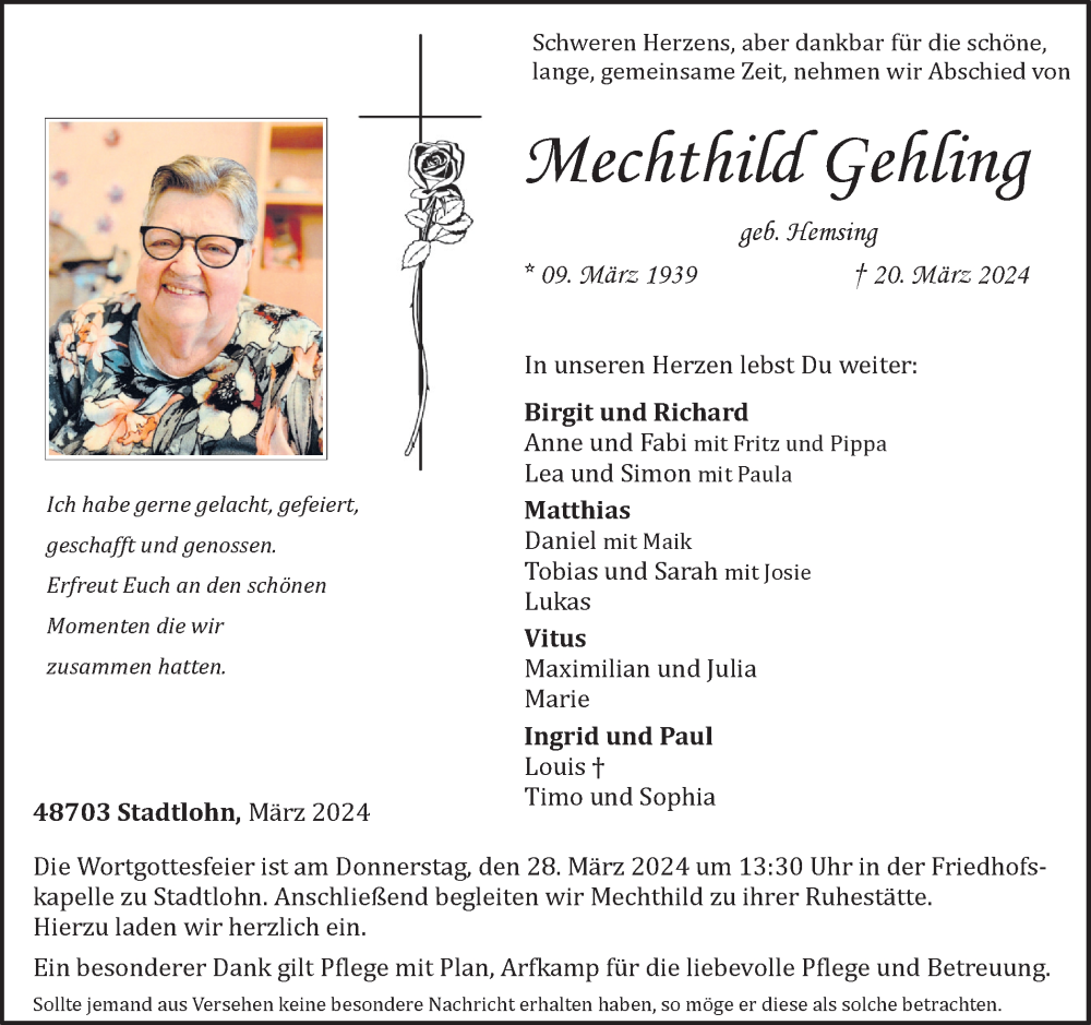  Traueranzeige für Mechthild Gehling vom 23.03.2024 aus Münsterland Zeitung