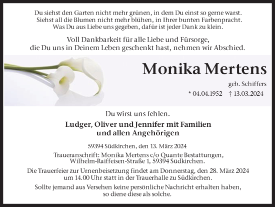Traueranzeige von Monika Mertens von Ruhr Nachrichten