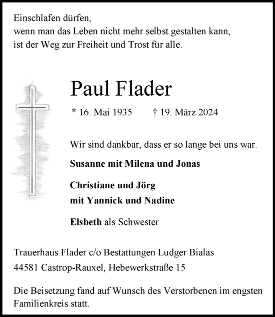 Traueranzeige von Paul Flader 