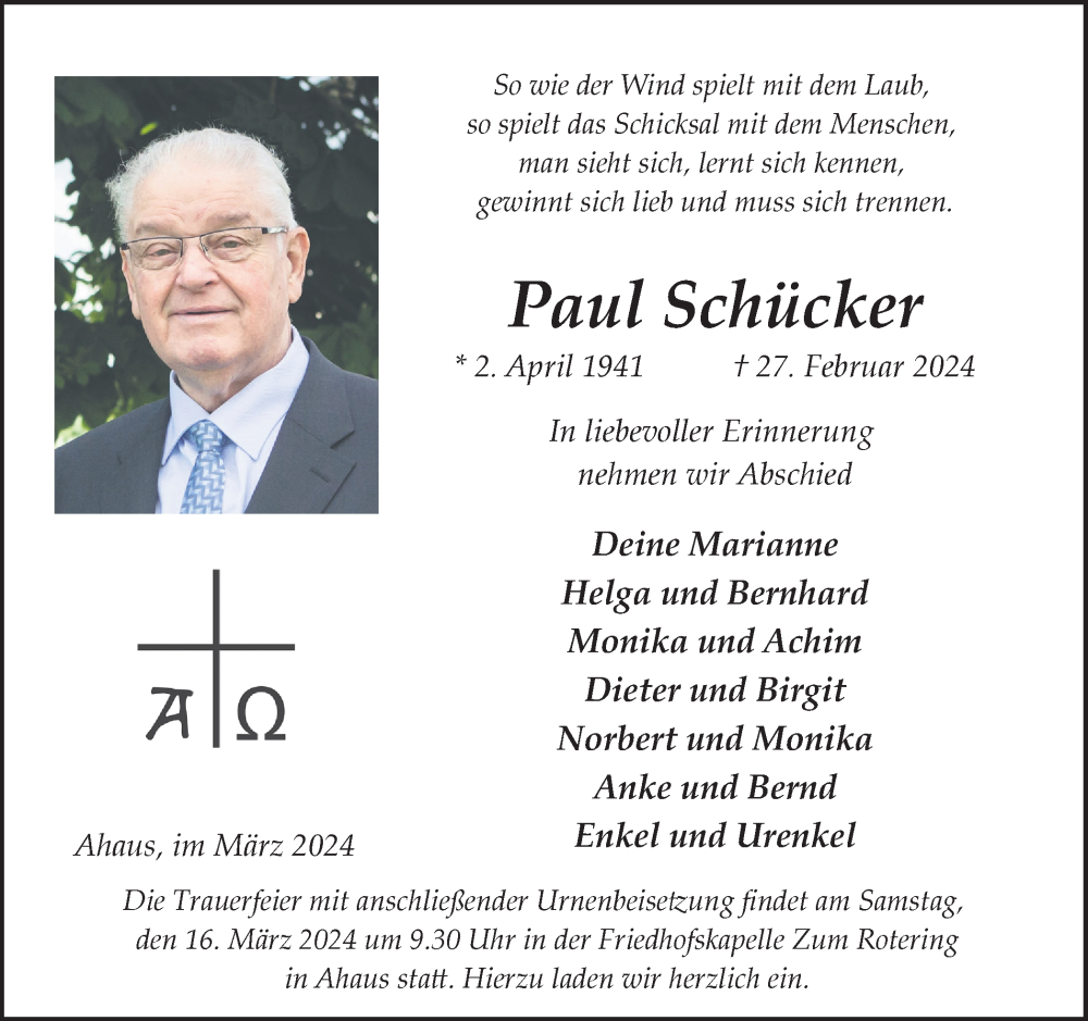  Traueranzeige für Paul Schücker vom 09.03.2024 aus Münstersche Zeitung und Münsterland Zeitung