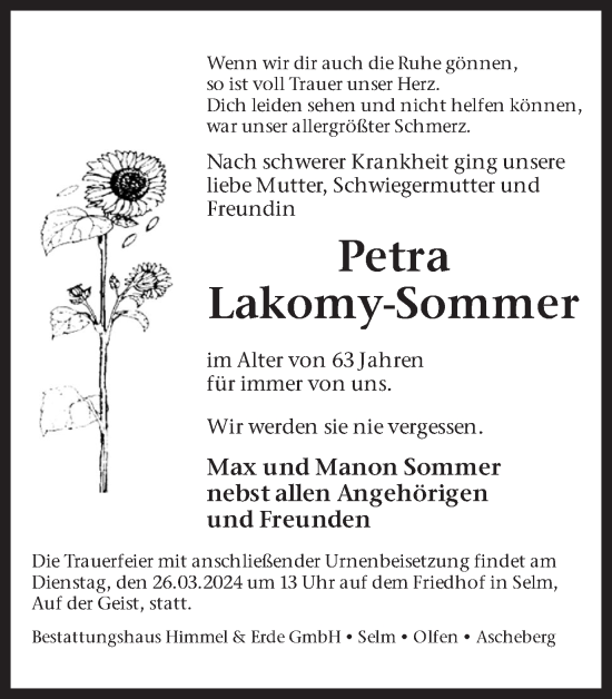 Traueranzeige von Petra Lakomy-Sommer von Ruhr Nachrichten