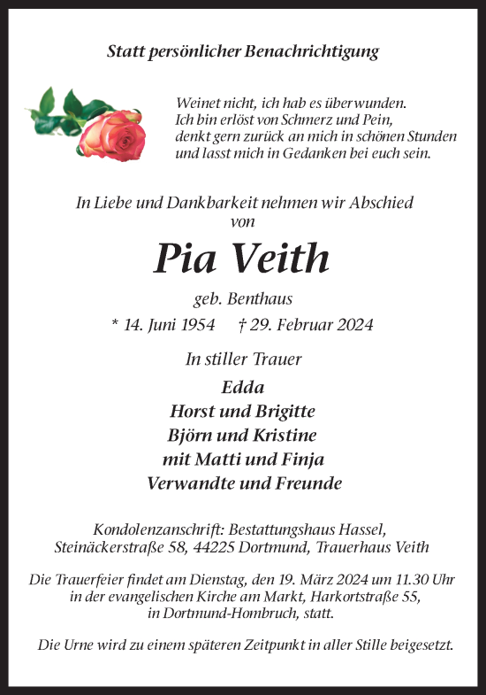 Traueranzeige von Pia Veith 