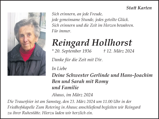 Traueranzeige von Reingard Hollhorst von Münsterland Zeitung