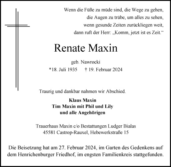 Traueranzeige von Renate Maxin 