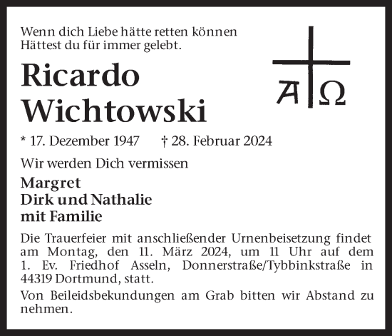 Traueranzeige von Ricardo Wichtowski  