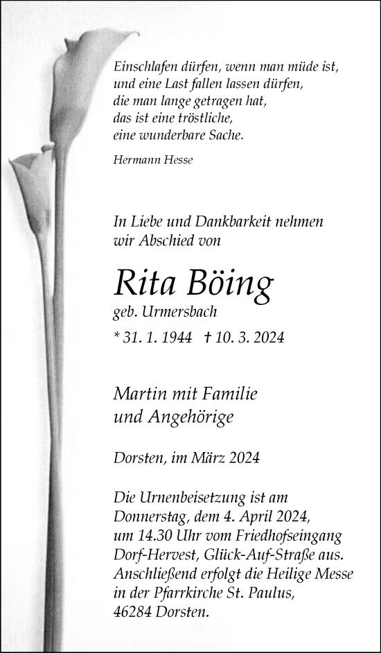 Traueranzeige von Rita Böing von Ruhr Nachrichten und Dorstener Zeitung