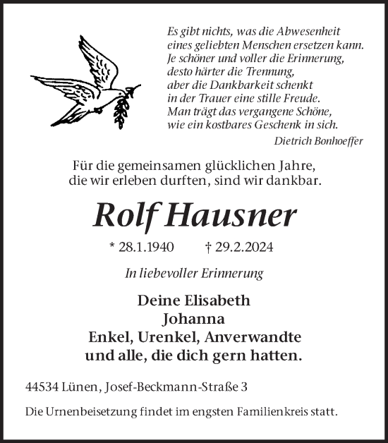 Traueranzeige von Rolf Hausner von Ruhr Nachrichten