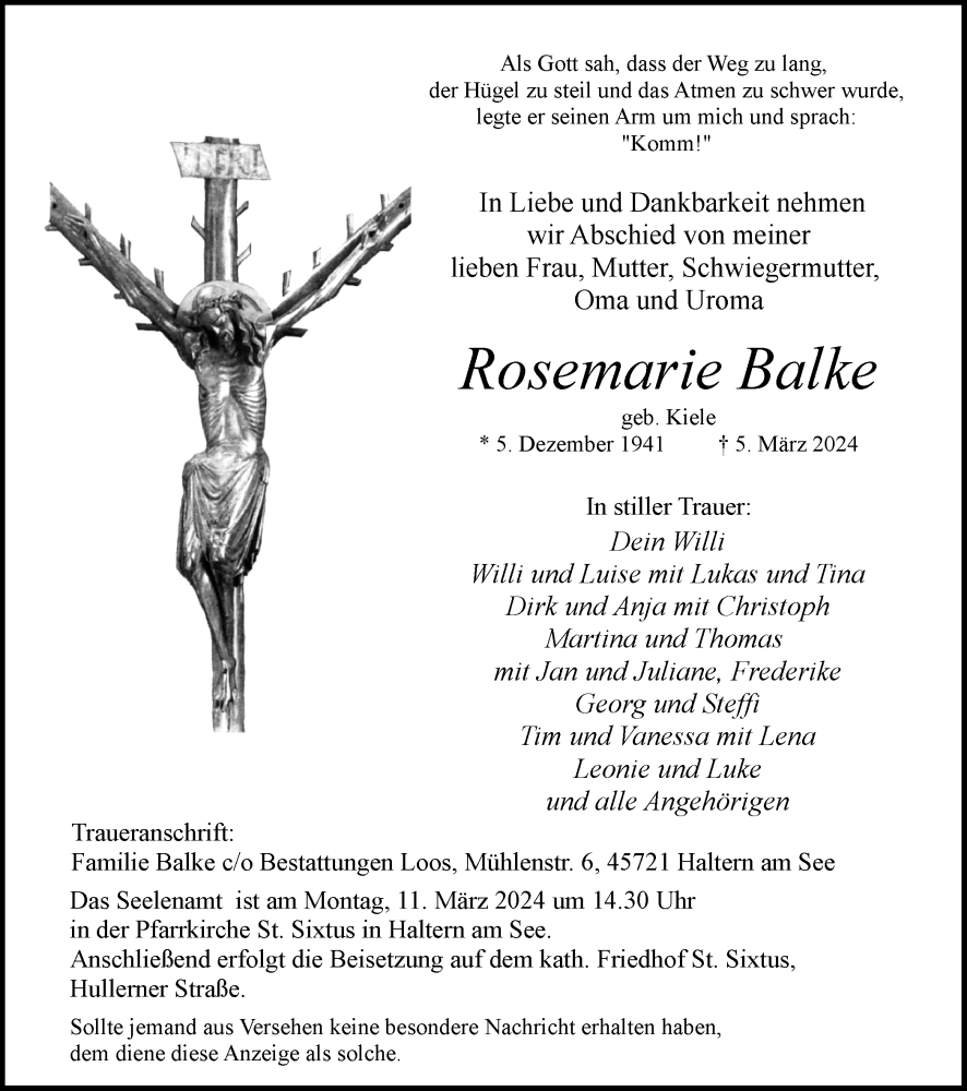  Traueranzeige für Rosemarie Balke vom 07.03.2024 aus Ruhr Nachrichten und Halterner Zeitung