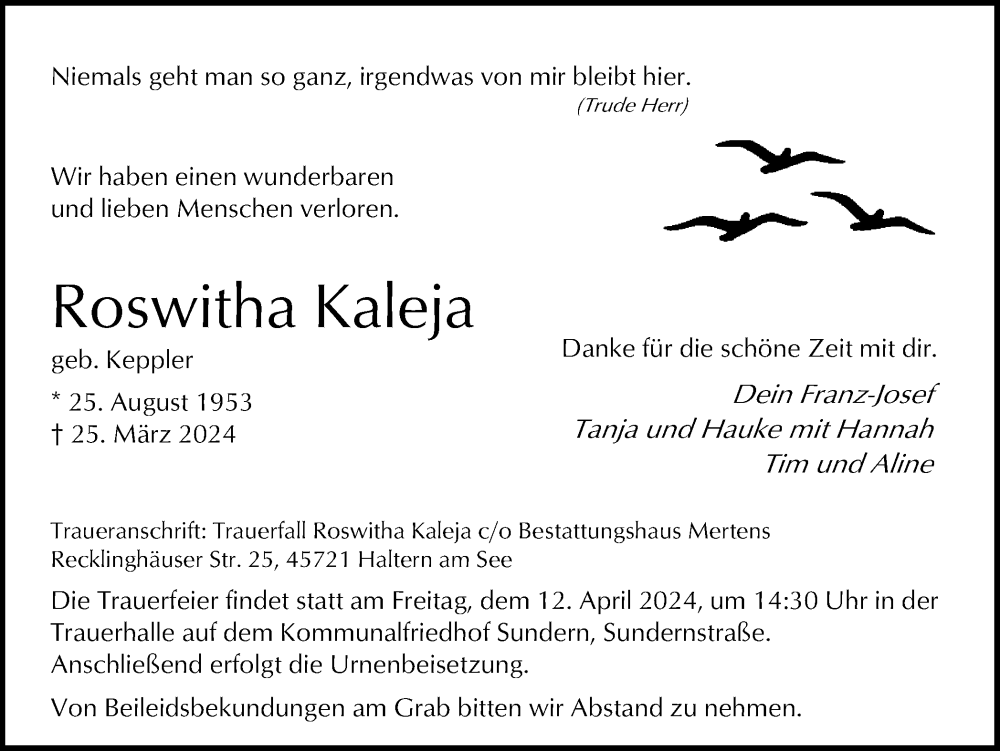  Traueranzeige für Roswitha Kaleja vom 28.03.2024 aus Ruhr Nachrichten und Halterner Zeitung