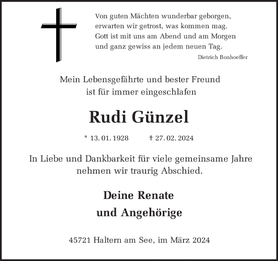 Traueranzeige von Rudi Günzel von Ruhr Nachrichten und Halterner Zeitung