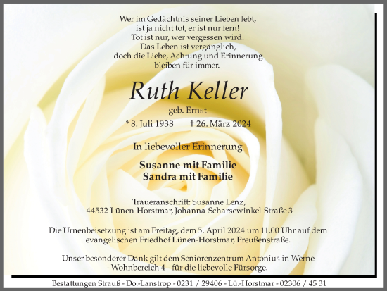 Traueranzeige von Ruth Keller von Ruhr Nachrichten