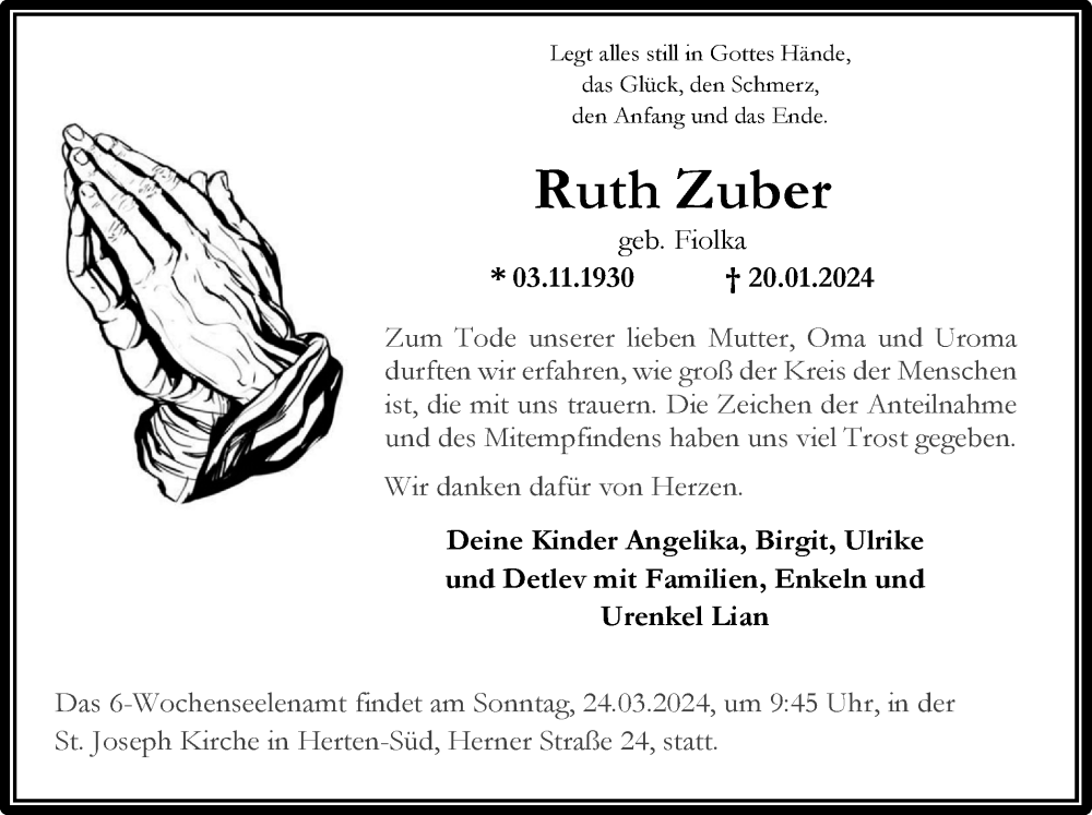  Traueranzeige für Ruth Zuber vom 09.03.2024 aus Medienhaus Bauer