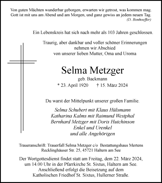 Traueranzeige von Selma Metzger von Ruhr Nachrichten und Halterner Zeitung