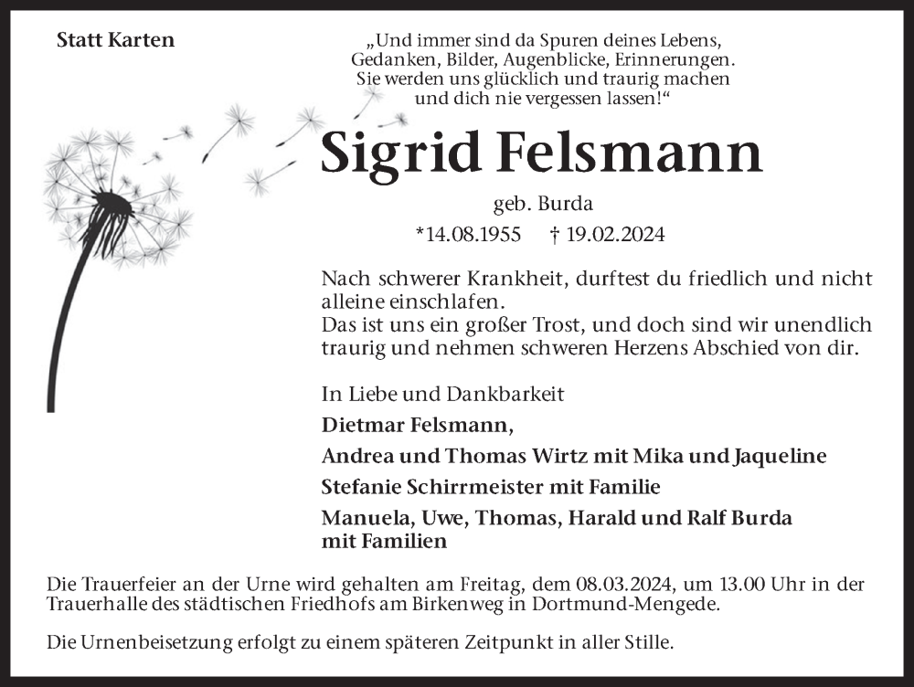  Traueranzeige für Sigrid Felsmann vom 02.03.2024 aus 