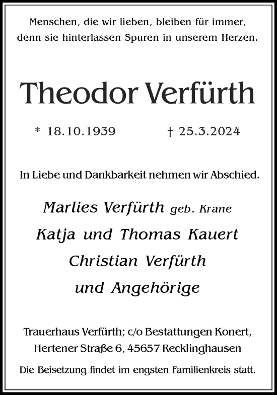 Traueranzeige von Theodor Verfürth