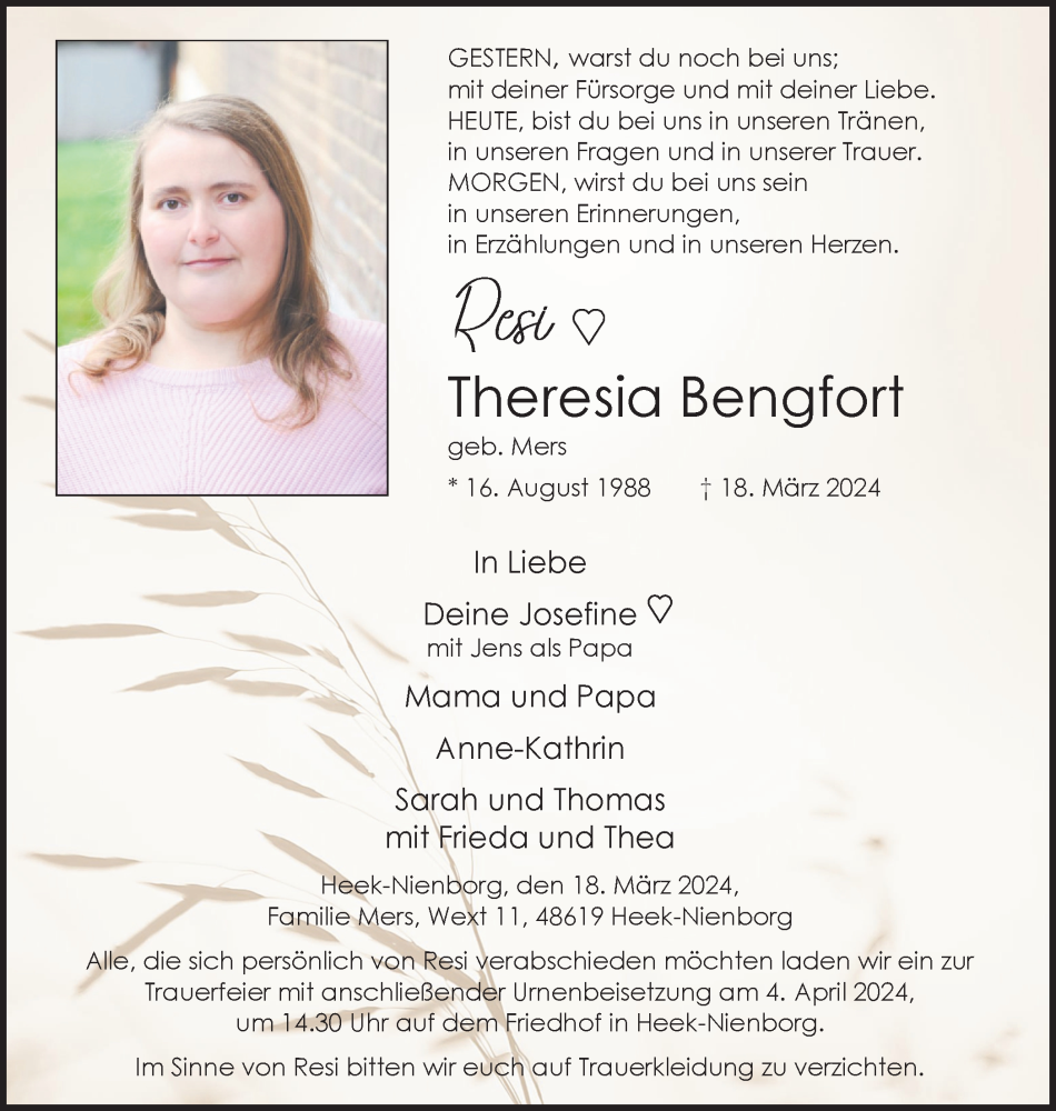  Traueranzeige für Theresia Bengfort vom 27.03.2024 aus Münsterland Zeitung