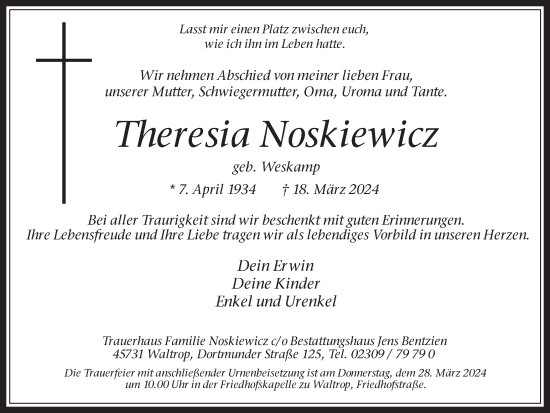 Traueranzeige von Theresia Noskiewicz