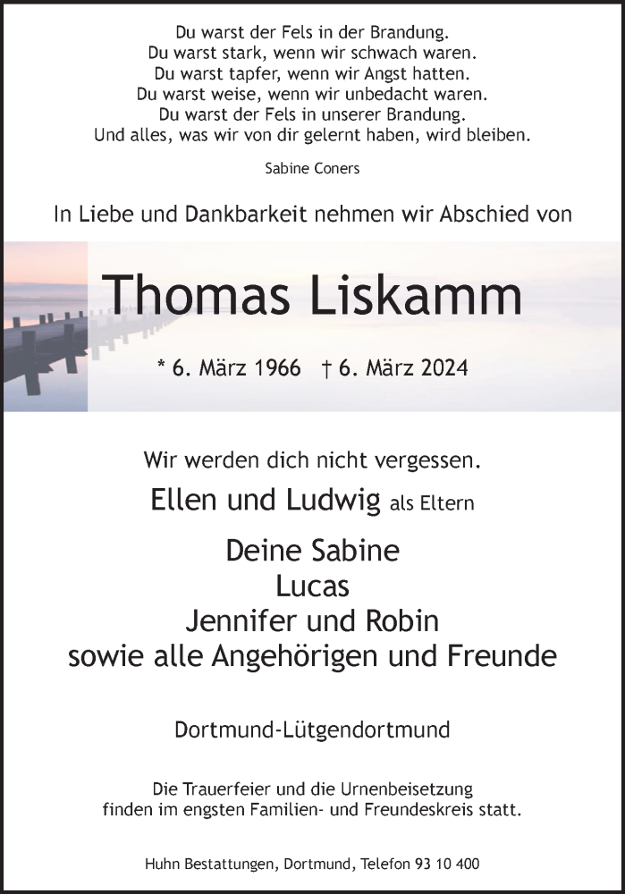  Traueranzeige für Thomas Liskamm vom 09.03.2024 aus 