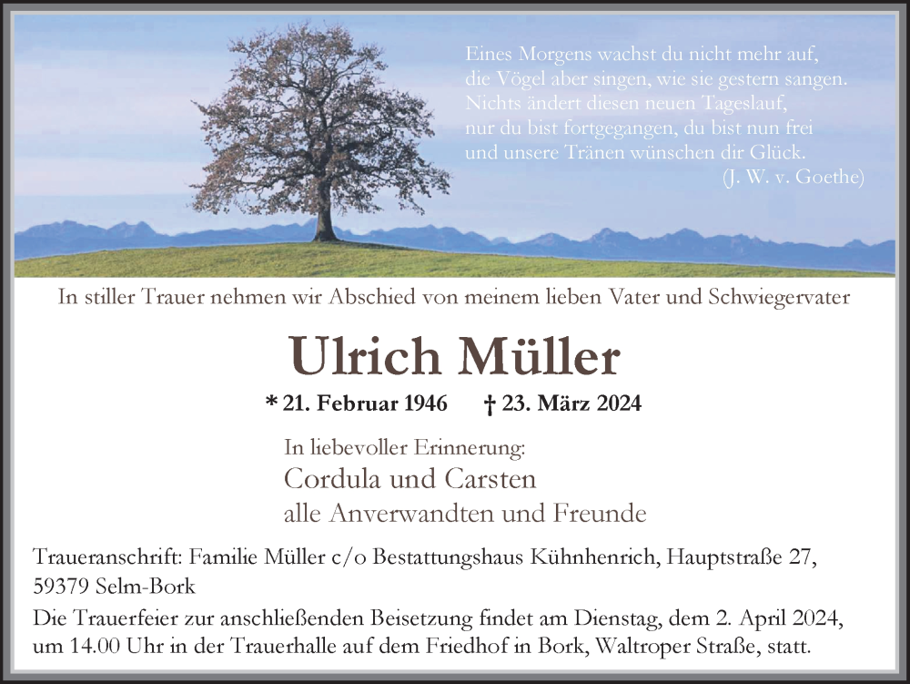  Traueranzeige für Ulrich Müller vom 30.03.2024 aus Ruhr Nachrichten