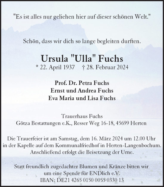 Traueranzeige von Ursula  Fuchs von Medienhaus Bauer