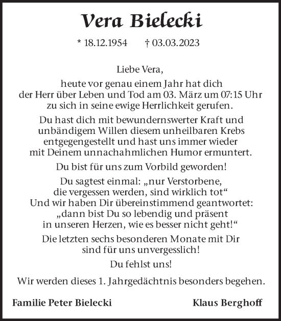 Traueranzeige von Vera Bielecki 