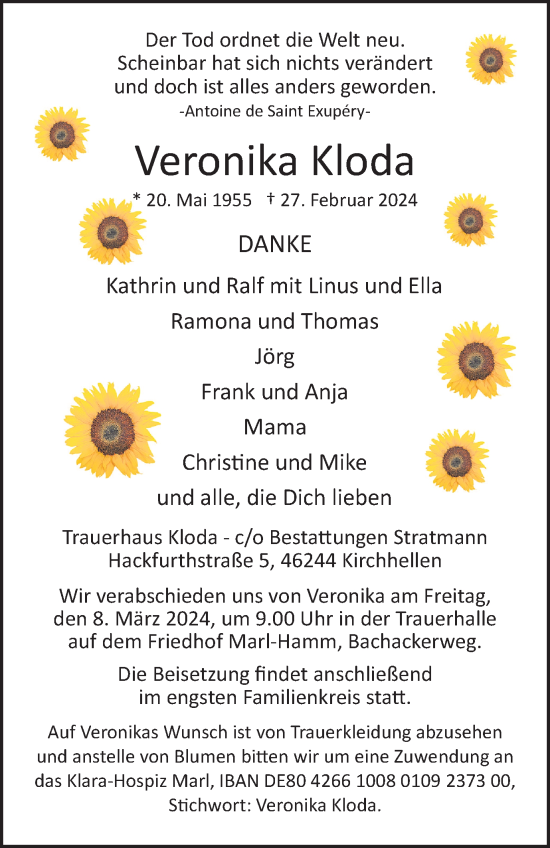 Traueranzeige von Veronika Kloda von Medienhaus Bauer