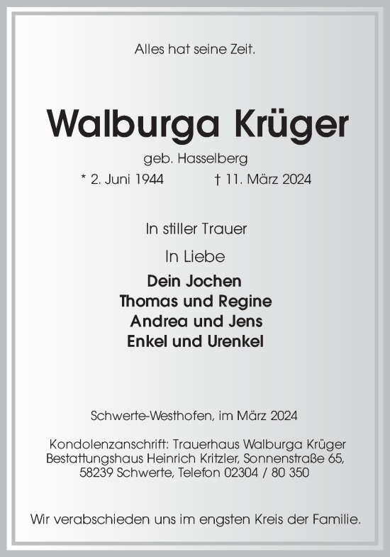 Traueranzeige von Walburga Krüger von Ruhr Nachrichten