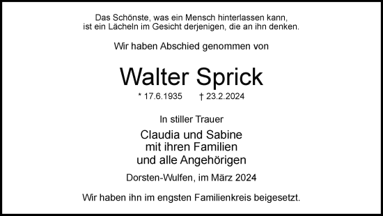 Traueranzeige von Walter Sprick von Ruhr Nachrichten und Dorstener Zeitung
