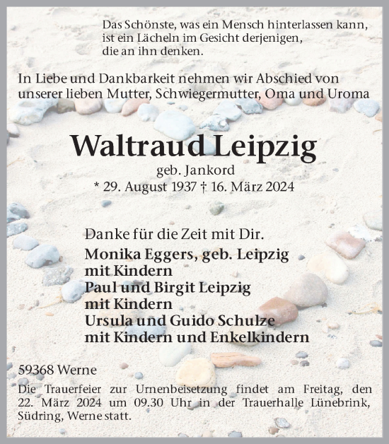 Traueranzeige von Waltraud Leipzig von Ruhr Nachrichten