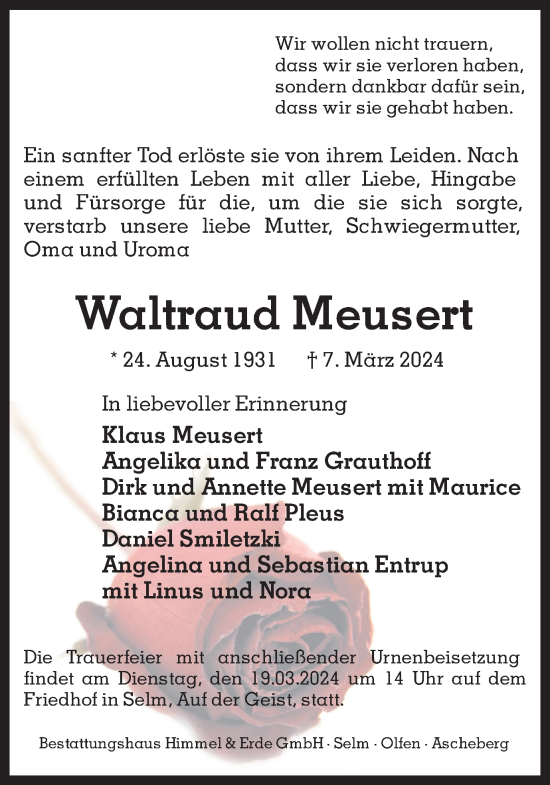Traueranzeige von Waltraud Meusert von Ruhr Nachrichten