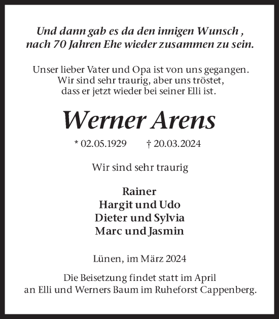 Traueranzeige von Werner Arens von Ruhr Nachrichten
