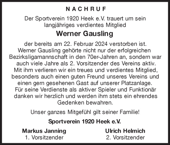 Traueranzeige von Werner Gausling von Münstersche Zeitung und Münsterland Zeitung