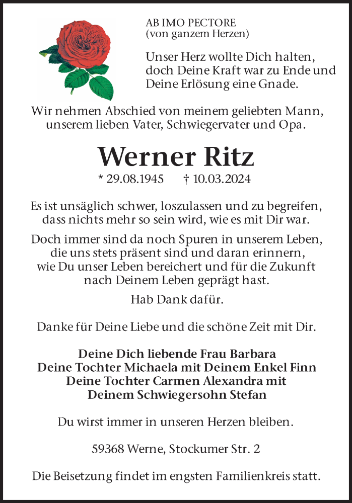  Traueranzeige für Werner Ritz vom 16.03.2024 aus Ruhr Nachrichten
