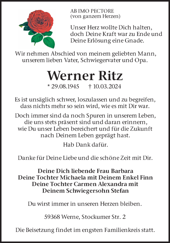 Traueranzeige von Werner Ritz von Ruhr Nachrichten