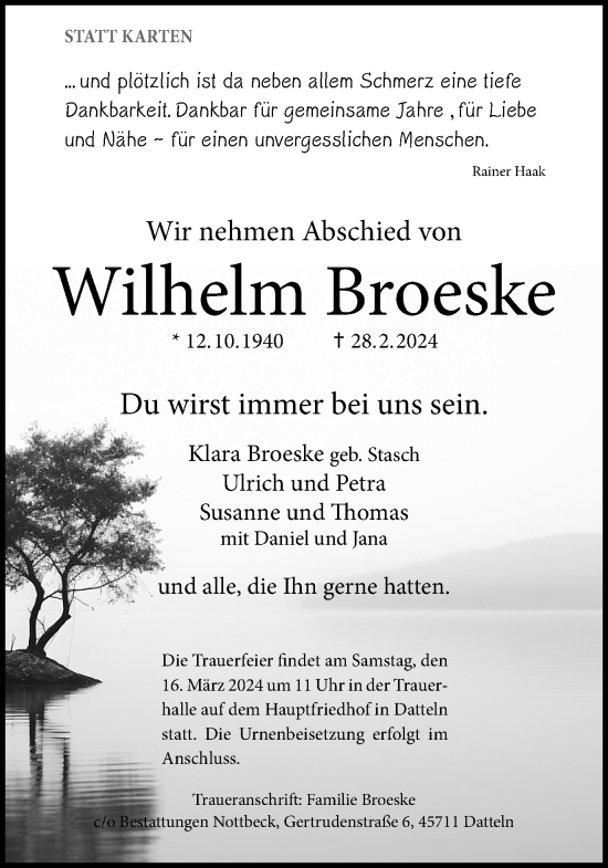 Traueranzeige von Wilhelm Broeske von Medienhaus Bauer