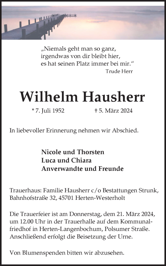 Traueranzeige von Wilhelm Hausherr von Medienhaus Bauer
