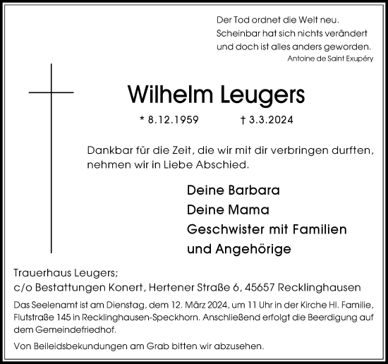 Traueranzeige von Wilhelm Leugers von Medienhaus Bauer