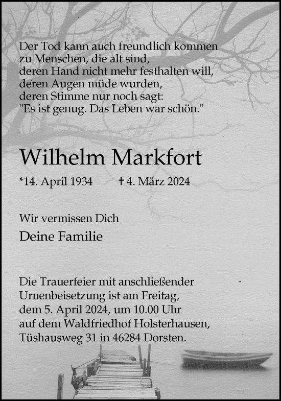 Traueranzeige von Wilhelm Markfort von Ruhr Nachrichten und Dorstener Zeitung