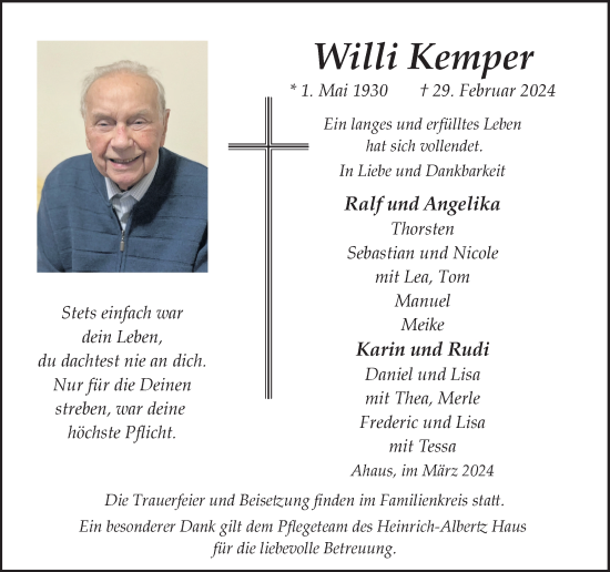 Traueranzeige von Willi Kemper von Münstersche Zeitung und Münsterland Zeitung