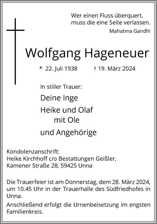 Traueranzeige von Wolfgang Hageneuer