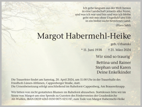 Traueranzeige von Margot Habermehl-Heike von Ruhr Nachrichten und Dorstener Zeitung