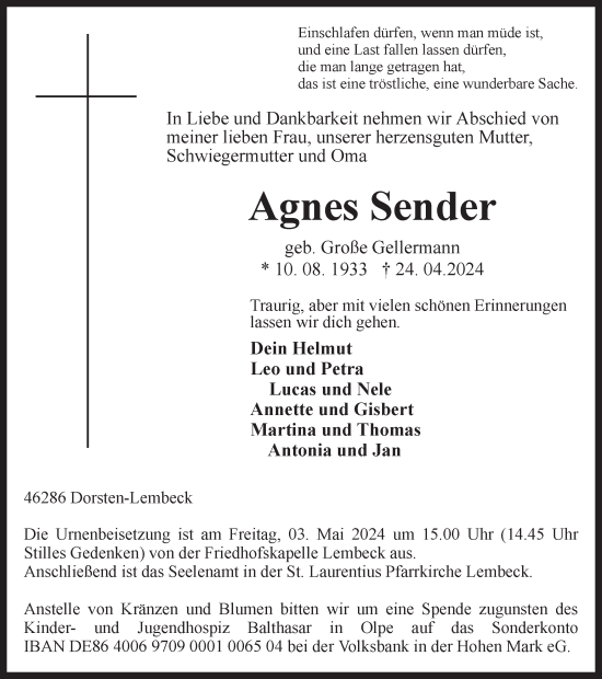 Traueranzeige von Agnes Sender von Ruhr Nachrichten und Dorstener Zeitung