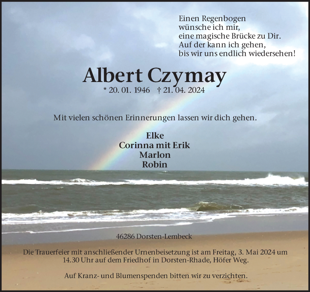  Traueranzeige für Albert Czymay vom 27.04.2024 aus Ruhr Nachrichten und Dorstener Zeitung