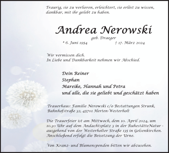 Traueranzeige von Andrea Nerowski von Medienhaus Bauer