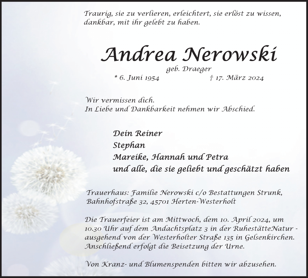  Traueranzeige für Andrea Nerowski vom 05.04.2024 aus Medienhaus Bauer