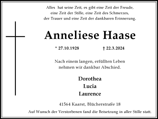 Traueranzeige von Anneliese Haase von Medienhaus Bauer