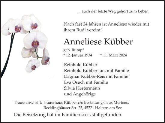 Traueranzeige von Anneliese Kübber von Ruhr Nachrichten und Halterner Zeitung